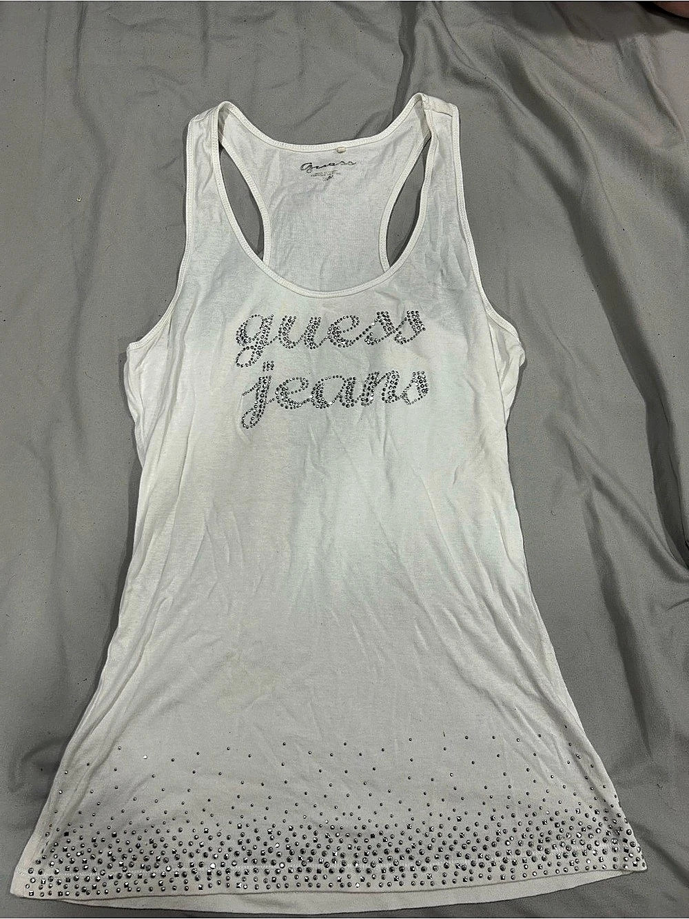 GUESS Rhinestone Graphic Tank in White